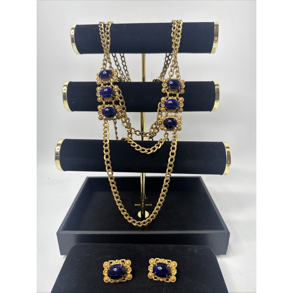 Vintage signed Miriam Haskell Gold Tone Lapis Necklace & Earrings - Picture 1 of 8